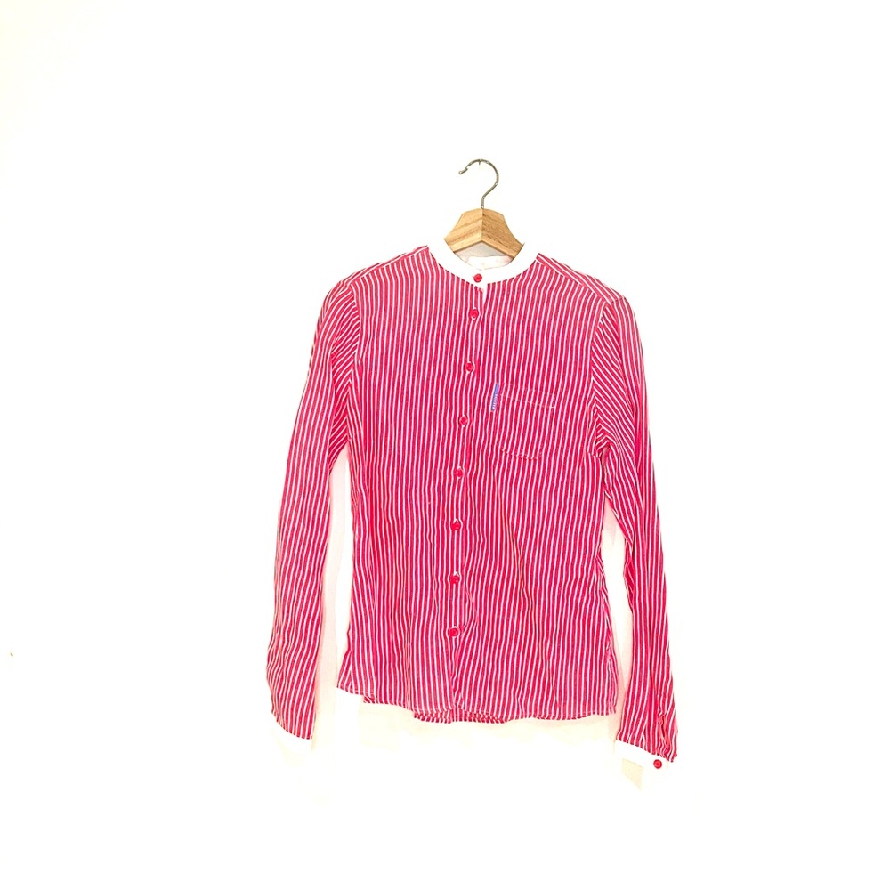 Escales Paris Luxury 100% Linen Pink White Striped Button Up Shirt Large